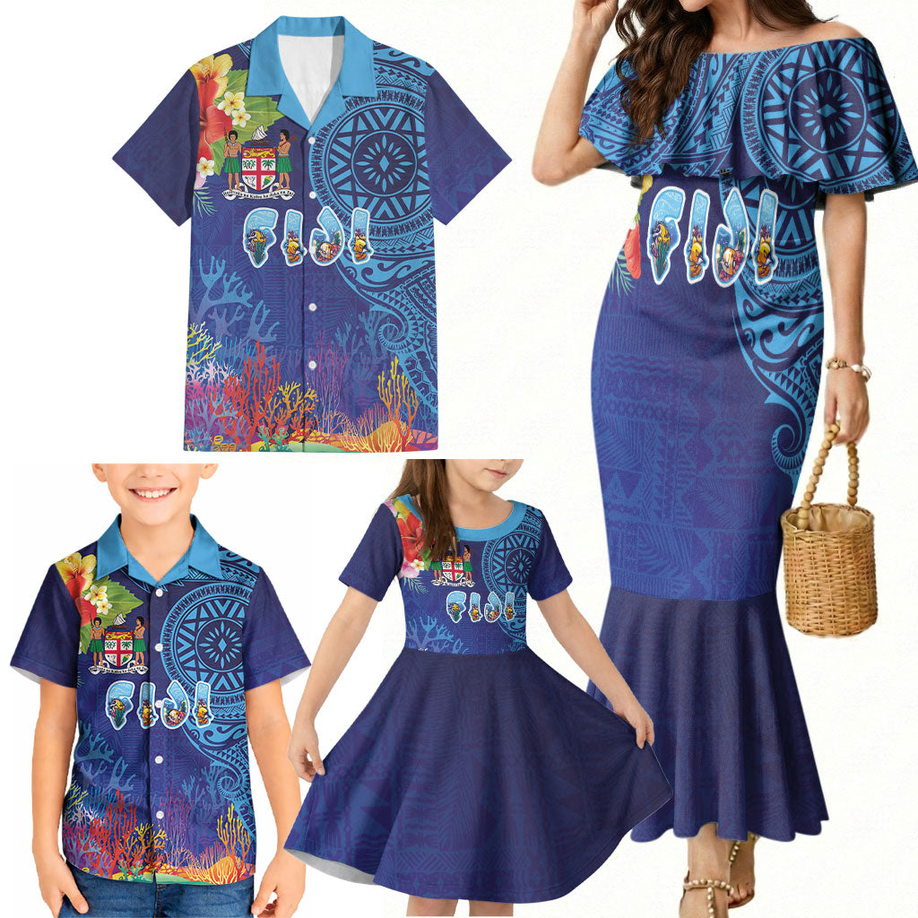 Fiji Day Family Matching Mermaid Dress and Hawaiian Shirt Coral Reef with Tapa Motifs and Hibiscus Ocean Vibe LT03 - Polynesian Pride