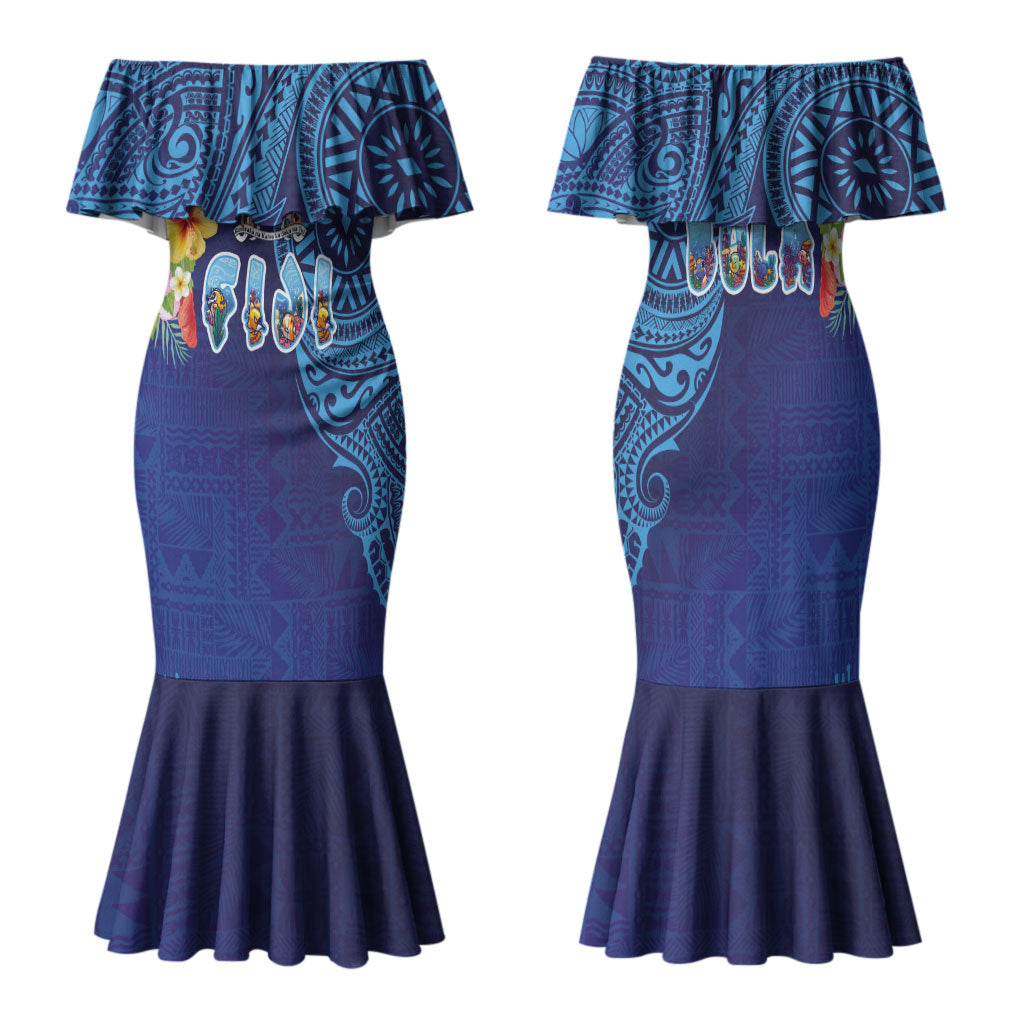 Fiji Day Family Matching Mermaid Dress and Hawaiian Shirt Coral Reef with Tapa Motifs and Hibiscus Ocean Vibe LT03 Mom's Dress Blue - Polynesian Pride
