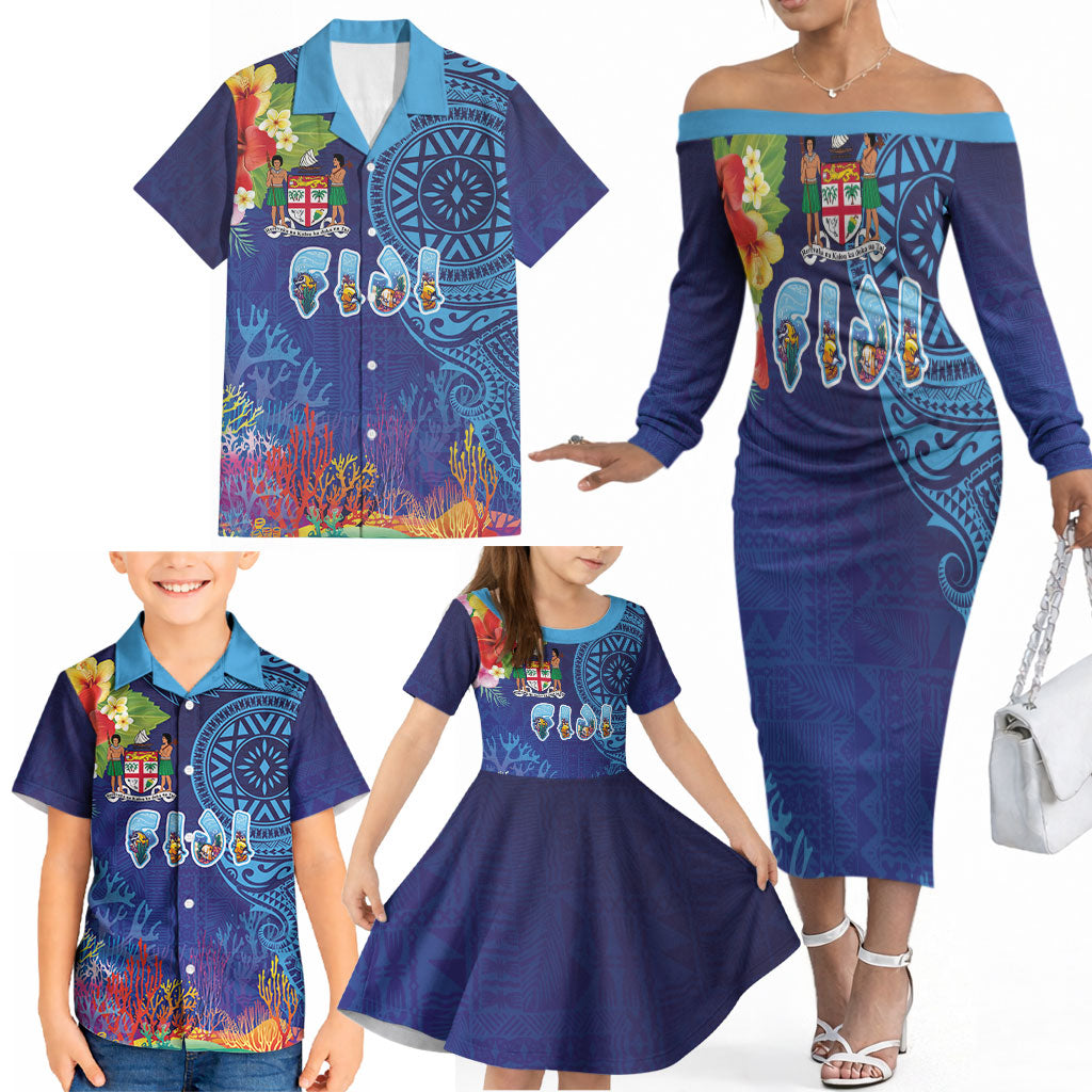 Fiji Day Family Matching Off The Shoulder Long Sleeve Dress and Hawaiian Shirt Coral Reef with Tapa Motifs and Hibiscus Ocean Vibe