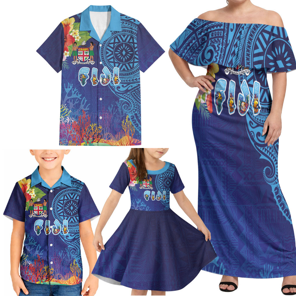 Fiji Day Family Matching Off Shoulder Maxi Dress and Hawaiian Shirt Coral Reef with Tapa Motifs and Hibiscus Ocean Vibe LT03 - Polynesian Pride