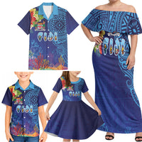 Fiji Day Family Matching Off Shoulder Maxi Dress and Hawaiian Shirt Coral Reef with Tapa Motifs and Hibiscus Ocean Vibe LT03 - Polynesian Pride