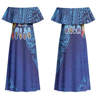 Fiji Day Family Matching Off Shoulder Maxi Dress and Hawaiian Shirt Coral Reef with Tapa Motifs and Hibiscus Ocean Vibe LT03 Mom's Dress Blue - Polynesian Pride