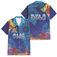 Fiji Day Family Matching Off Shoulder Maxi Dress and Hawaiian Shirt Coral Reef with Tapa Motifs and Hibiscus Ocean Vibe LT03 Dad's Shirt - Short Sleeve Blue - Polynesian Pride