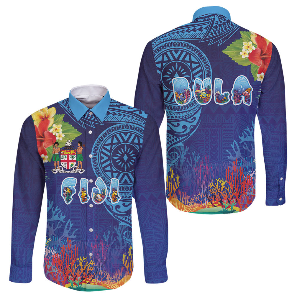 Fiji Day Family Matching Off Shoulder Maxi Dress and Hawaiian Shirt Coral Reef with Tapa Motifs and Hibiscus Ocean Vibe LT03 Dad's Shirt - Long Sleeve Blue - Polynesian Pride