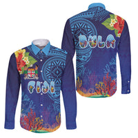 Fiji Day Family Matching Off Shoulder Maxi Dress and Hawaiian Shirt Coral Reef with Tapa Motifs and Hibiscus Ocean Vibe LT03 Dad's Shirt - Long Sleeve Blue - Polynesian Pride