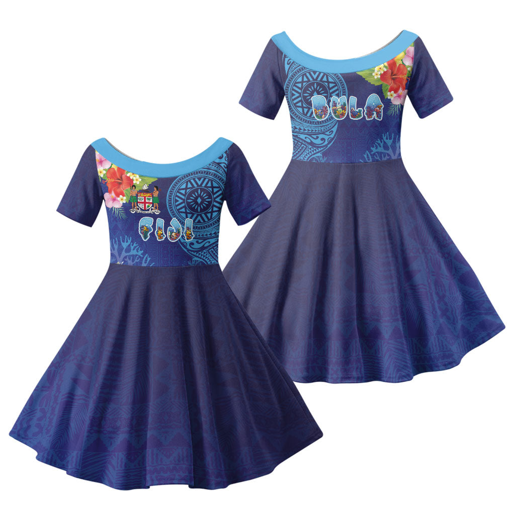 Fiji Day Family Matching Off Shoulder Maxi Dress and Hawaiian Shirt Coral Reef with Tapa Motifs and Hibiscus Ocean Vibe LT03 Daughter's Dress Blue - Polynesian Pride