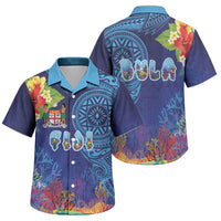 Fiji Day Family Matching Off Shoulder Maxi Dress and Hawaiian Shirt Coral Reef with Tapa Motifs and Hibiscus Ocean Vibe LT03 Son's Shirt Blue - Polynesian Pride