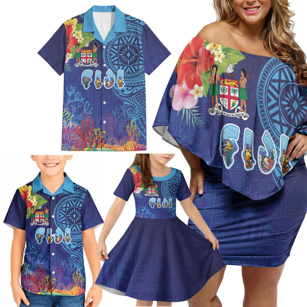 Fiji Day Family Matching Off Shoulder Short Dress and Hawaiian Shirt Coral Reef with Tapa Motifs and Hibiscus Ocean Vibe LT03 - Polynesian Pride