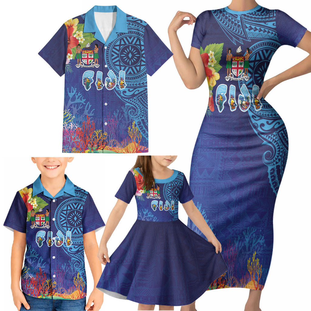 Fiji Day Family Matching Short Sleeve Bodycon Dress and Hawaiian Shirt Coral Reef with Tapa Motifs and Hibiscus Ocean Vibe LT03 - Polynesian Pride