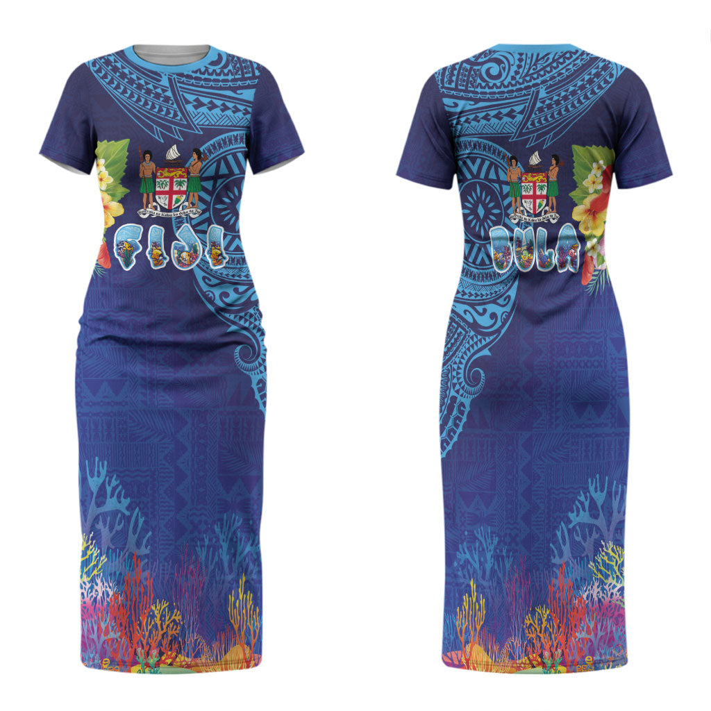 Fiji Day Family Matching Short Sleeve Bodycon Dress and Hawaiian Shirt Coral Reef with Tapa Motifs and Hibiscus Ocean Vibe LT03 Mom's Dress Blue - Polynesian Pride