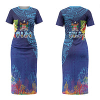 Fiji Day Family Matching Short Sleeve Bodycon Dress and Hawaiian Shirt Coral Reef with Tapa Motifs and Hibiscus Ocean Vibe LT03 Mom's Dress Blue - Polynesian Pride