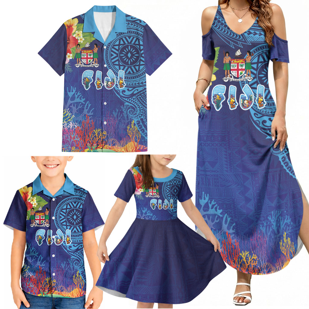 Fiji Day Family Matching Summer Maxi Dress and Hawaiian Shirt Coral Reef with Tapa Motifs and Hibiscus Ocean Vibe LT03 - Polynesian Pride