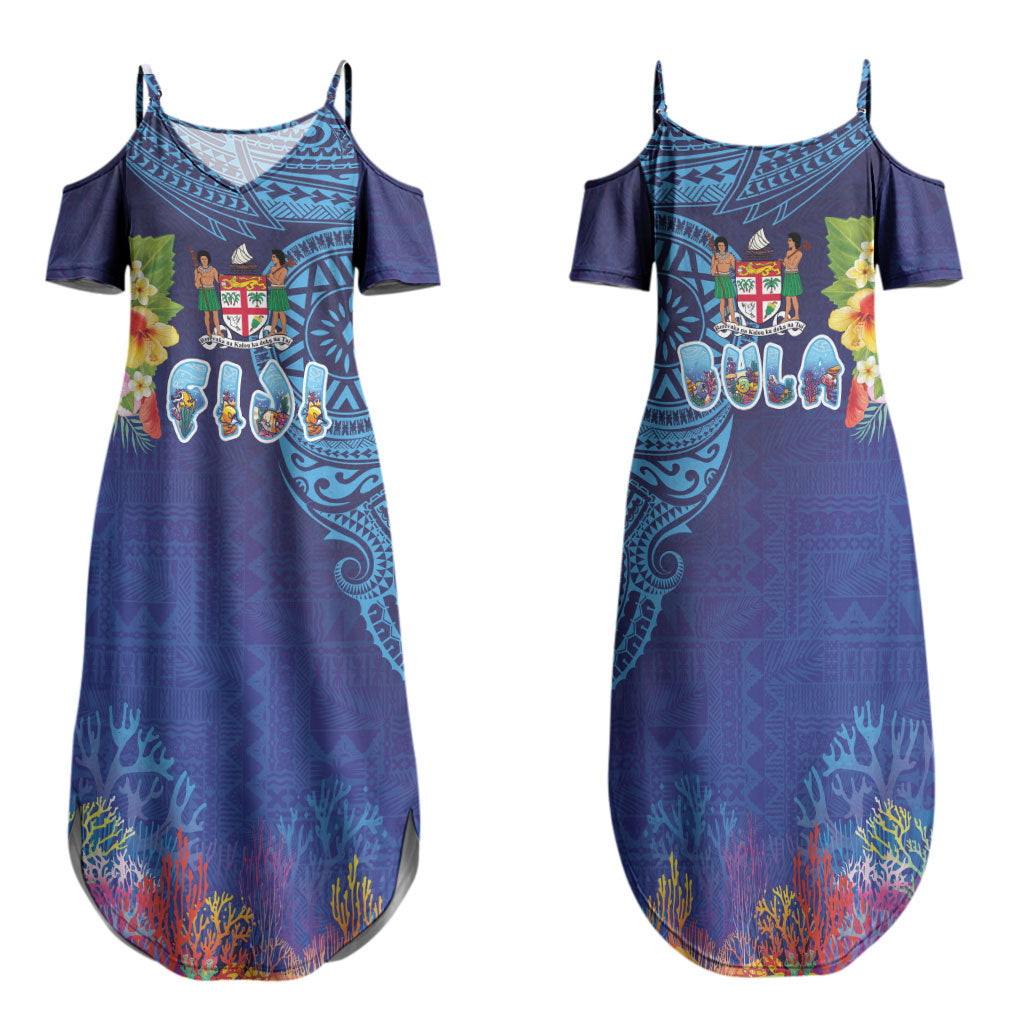 Fiji Day Family Matching Summer Maxi Dress and Hawaiian Shirt Coral Reef with Tapa Motifs and Hibiscus Ocean Vibe LT03 Mom's Dress Blue - Polynesian Pride