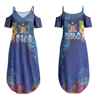 Fiji Day Family Matching Summer Maxi Dress and Hawaiian Shirt Coral Reef with Tapa Motifs and Hibiscus Ocean Vibe LT03 Mom's Dress Blue - Polynesian Pride