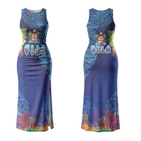 Fiji Day Family Matching Tank Maxi Dress and Hawaiian Shirt Coral Reef with Tapa Motifs and Hibiscus Ocean Vibe LT03 Mom's Dress Blue - Polynesian Pride