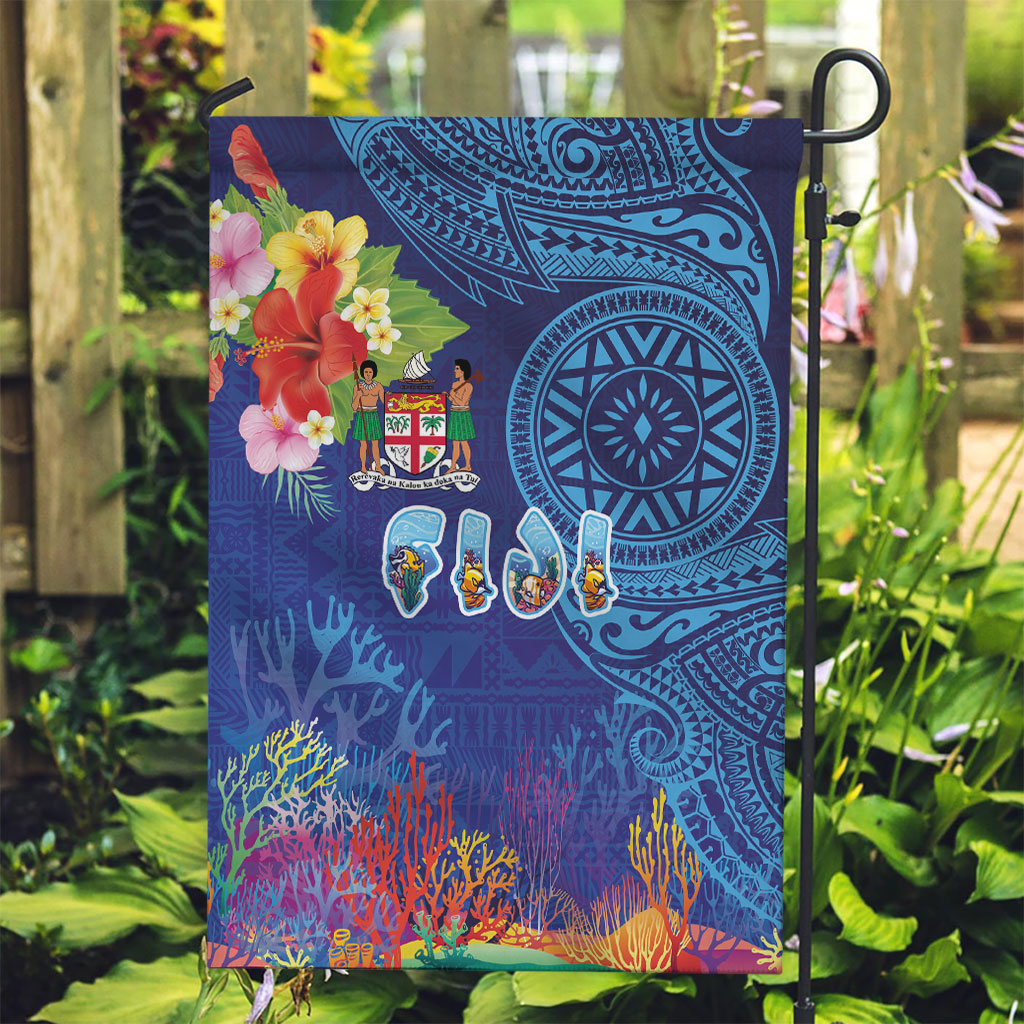 Fiji Day Garden Flag Coral Reef with Tapa Motifs and Hibiscus Ocean Vibe LT03 Garden Flag Blue - Polynesian Pride