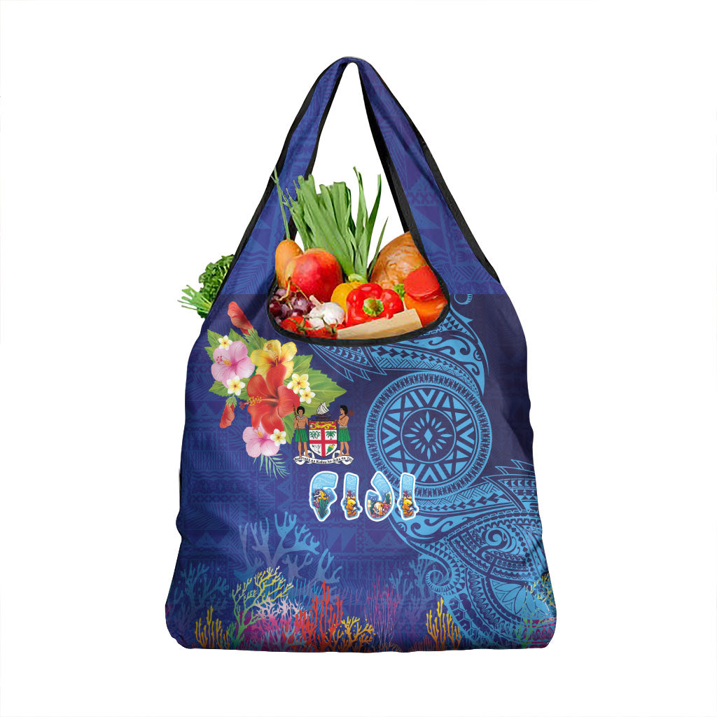 Fiji Day Grocery Bag Coral Reef with Tapa Motifs and Hibiscus Ocean Vibe LT03 1-pack One Size Blue - Polynesian Pride
