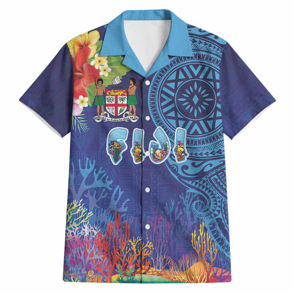 Fiji Day Hawaiian Shirt Coral Reef with Tapa Motifs and Hibiscus Ocean Vibe LT03 Blue - Polynesian Pride