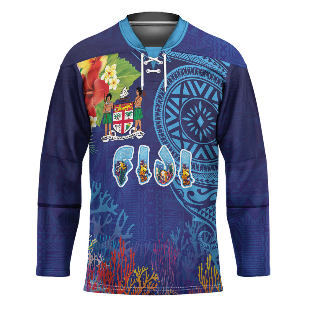 Fiji Day Hockey Jersey Coral Reef with Tapa Motifs and Hibiscus Ocean Vibe LT03 Unisex Blue - Polynesian Pride