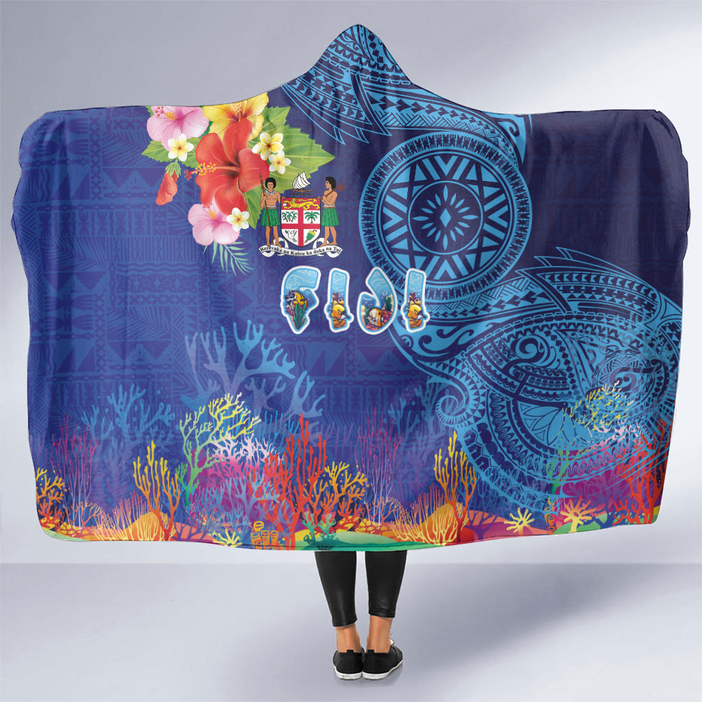 Fiji Day Hooded Blanket Coral Reef with Tapa Motifs and Hibiscus Ocean Vibe LT03 One Size Blue - Polynesian Pride