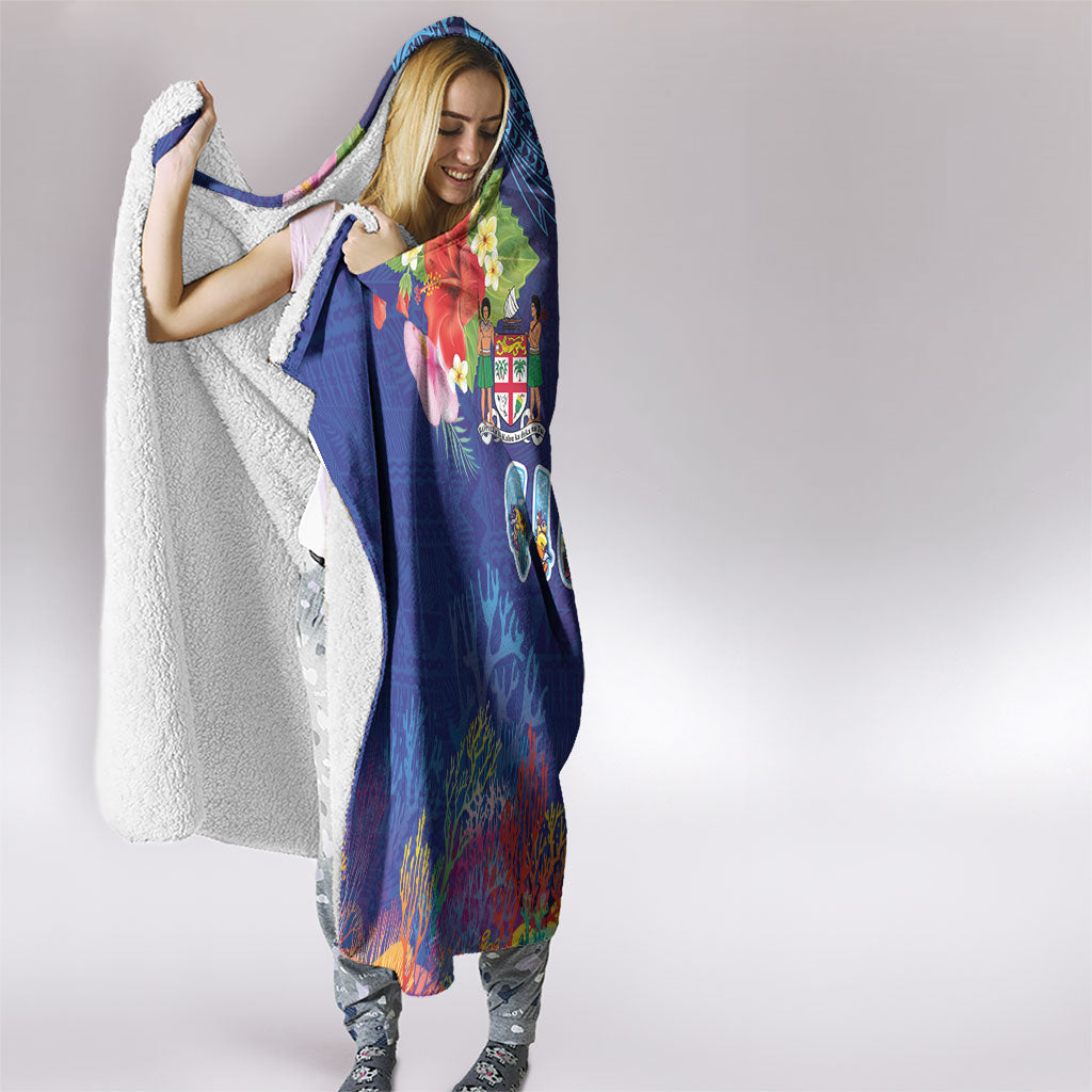 Fiji Day Hooded Blanket Coral Reef with Tapa Motifs and Hibiscus Ocean Vibe LT03 - Polynesian Pride