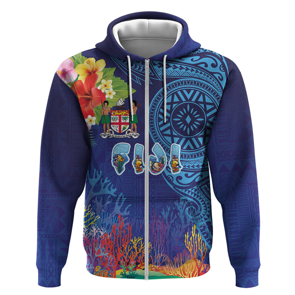 Fiji Day Hoodie Coral Reef with Tapa Motifs and Hibiscus Ocean Vibe LT03 Zip Hoodie Blue - Polynesian Pride