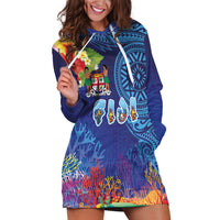 Fiji Day Hoodie Dress Coral Reef with Tapa Motifs and Hibiscus Ocean Vibe LT03 Blue - Polynesian Pride