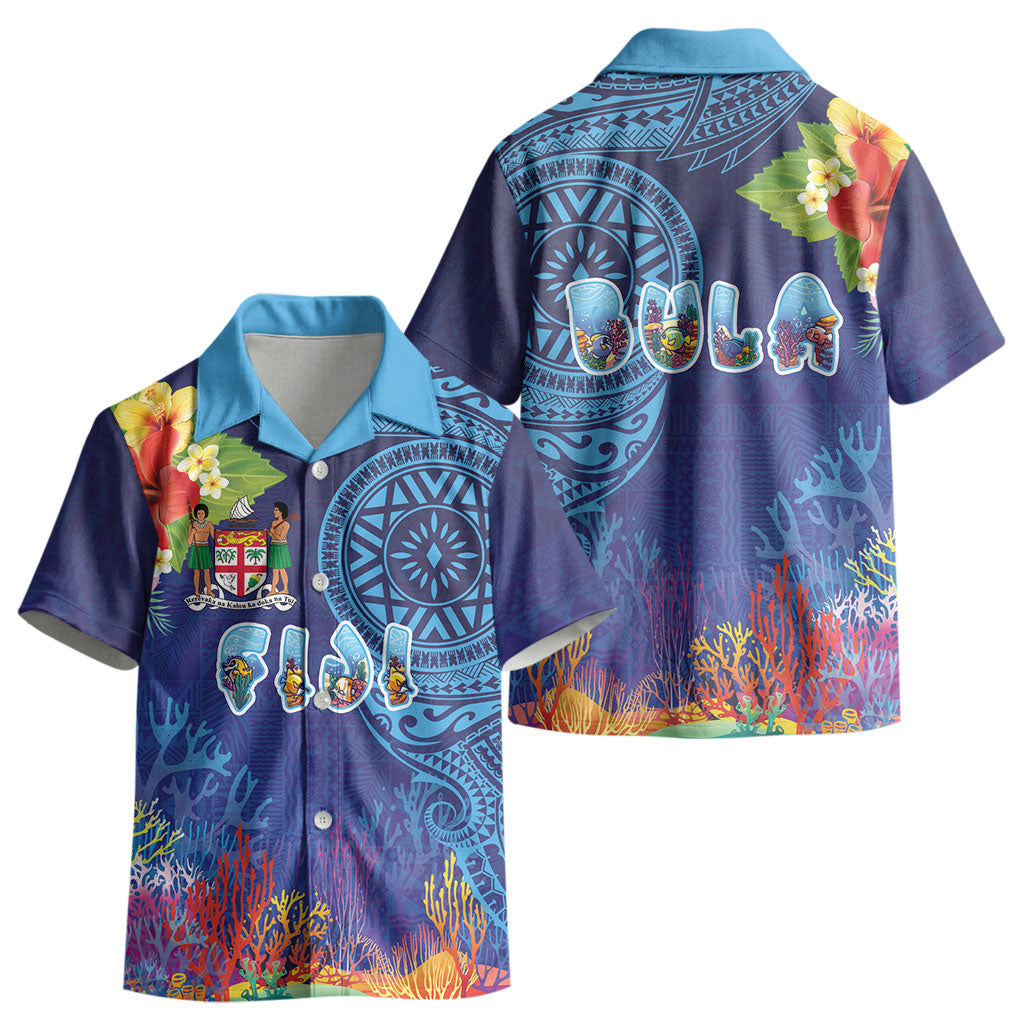 Fiji Day Kid Hawaiian Shirt Coral Reef with Tapa Motifs and Hibiscus Ocean Vibe LT03 - Polynesian Pride