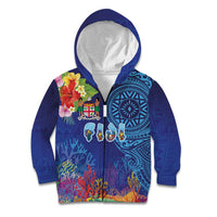 Fiji Day Kid Hoodie Coral Reef with Tapa Motifs and Hibiscus Ocean Vibe LT03 Zip Hoodie Blue - Polynesian Pride