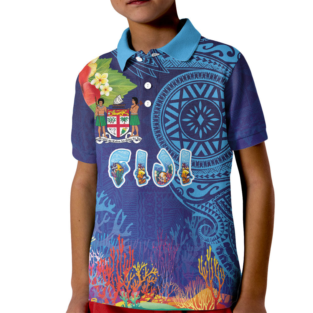 Fiji Day Kid Polo Shirt Coral Reef with Tapa Motifs and Hibiscus Ocean Vibe LT03 Kid Blue - Polynesian Pride