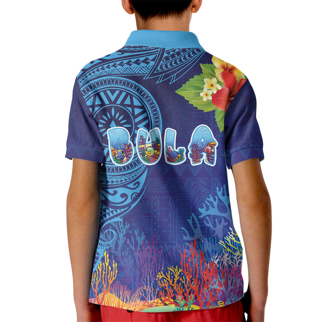 Fiji Day Kid Polo Shirt Coral Reef with Tapa Motifs and Hibiscus Ocean Vibe LT03 - Polynesian Pride