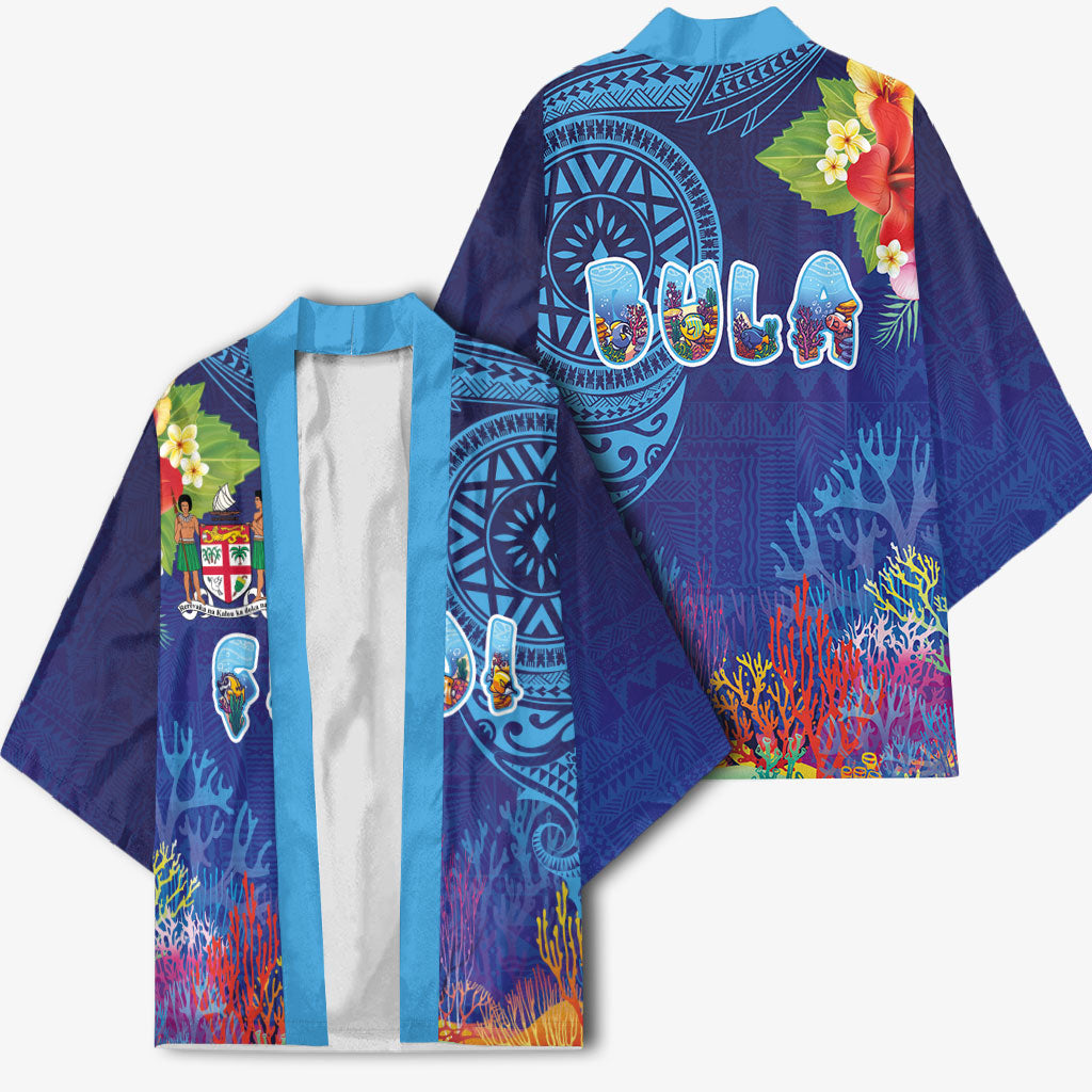 Fiji Day Kimono Coral Reef with Tapa Motifs and Hibiscus Ocean Vibe LT03 - Polynesian Pride