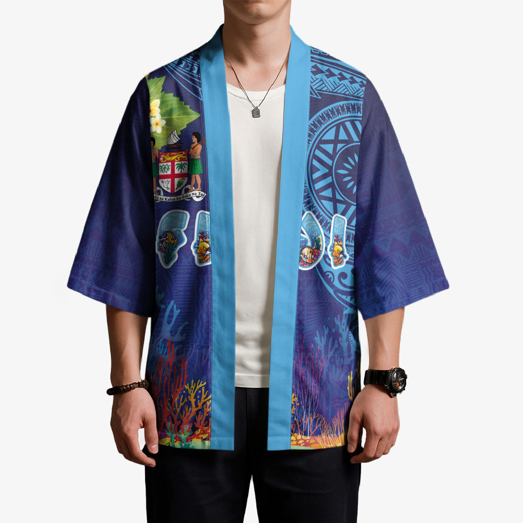 Fiji Day Kimono Coral Reef with Tapa Motifs and Hibiscus Ocean Vibe LT03 - Polynesian Pride