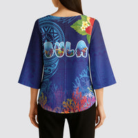 Fiji Day Kimono Sleeve Blouse Coral Reef with Tapa Motifs and Hibiscus Ocean Vibe LT03 - Polynesian Pride