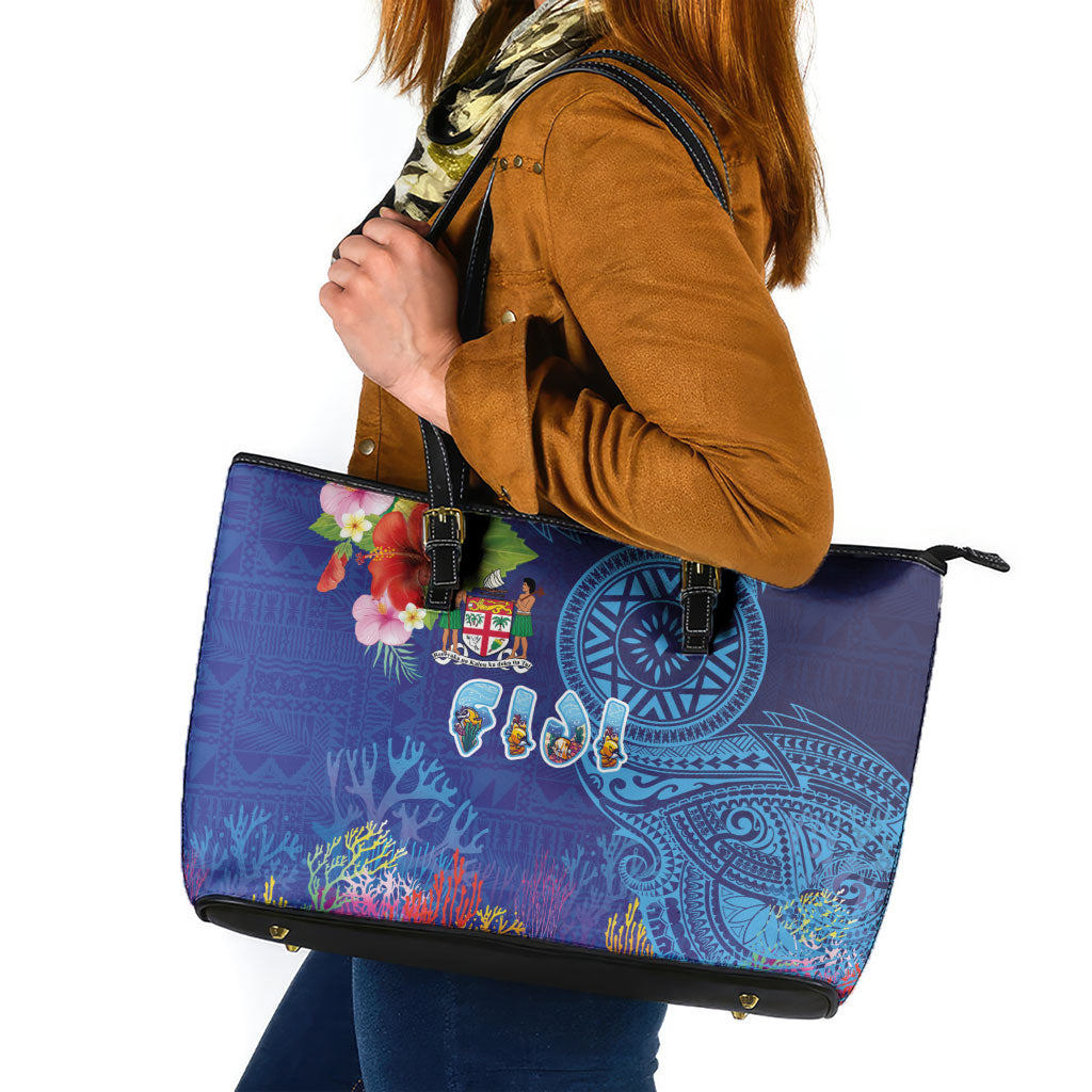 Fiji Day Leather Tote Bag Coral Reef with Tapa Motifs and Hibiscus Ocean Vibe LT03 Blue - Polynesian Pride