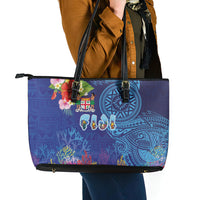 Fiji Day Leather Tote Bag Coral Reef with Tapa Motifs and Hibiscus Ocean Vibe LT03 - Polynesian Pride