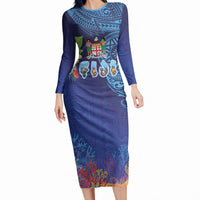 Fiji Day Long Sleeve Bodycon Dress Coral Reef with Tapa Motifs and Hibiscus Ocean Vibe LT03 Long Dress Blue - Polynesian Pride