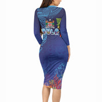 Fiji Day Long Sleeve Bodycon Dress Coral Reef with Tapa Motifs and Hibiscus Ocean Vibe LT03 - Polynesian Pride