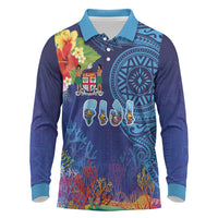 Fiji Day Long Sleeve Polo Shirt Coral Reef with Tapa Motifs and Hibiscus Ocean Vibe LT03 Blue - Polynesian Pride