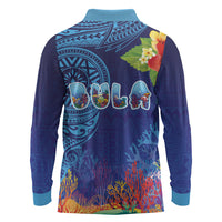 Fiji Day Long Sleeve Polo Shirt Coral Reef with Tapa Motifs and Hibiscus Ocean Vibe LT03 - Polynesian Pride