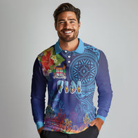 Fiji Day Long Sleeve Polo Shirt Coral Reef with Tapa Motifs and Hibiscus Ocean Vibe LT03 - Polynesian Pride
