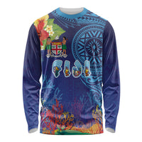 Fiji Day Long Sleeve Shirt Coral Reef with Tapa Motifs and Hibiscus Ocean Vibe LT03 Unisex Blue - Polynesian Pride
