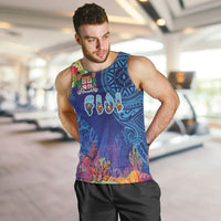 Fiji Day Men Tank Top Coral Reef with Tapa Motifs and Hibiscus Ocean Vibe LT03 Blue - Polynesian Pride