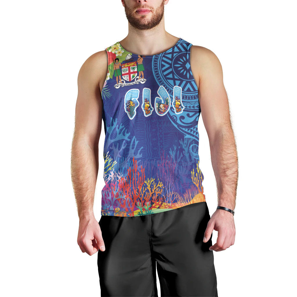 Fiji Day Men Tank Top Coral Reef with Tapa Motifs and Hibiscus Ocean Vibe LT03 - Polynesian Pride
