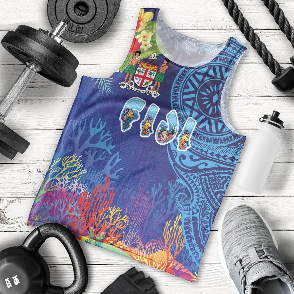 Fiji Day Men Tank Top Coral Reef with Tapa Motifs and Hibiscus Ocean Vibe LT03 - Polynesian Pride