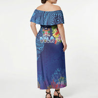 Fiji Day Off Shoulder Maxi Dress Coral Reef with Tapa Motifs and Hibiscus Ocean Vibe LT03 - Polynesian Pride