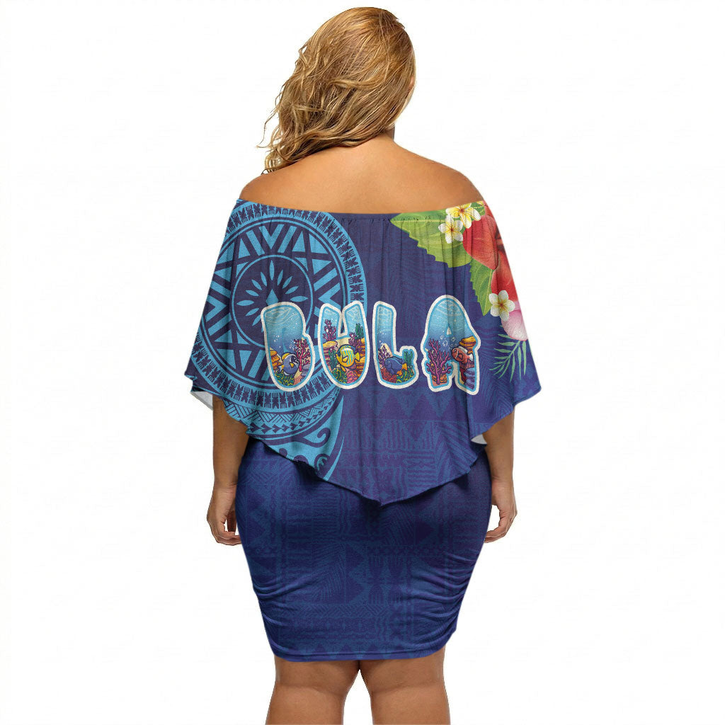 Fiji Day Off Shoulder Short Dress Coral Reef with Tapa Motifs and Hibiscus Ocean Vibe LT03 - Polynesian Pride