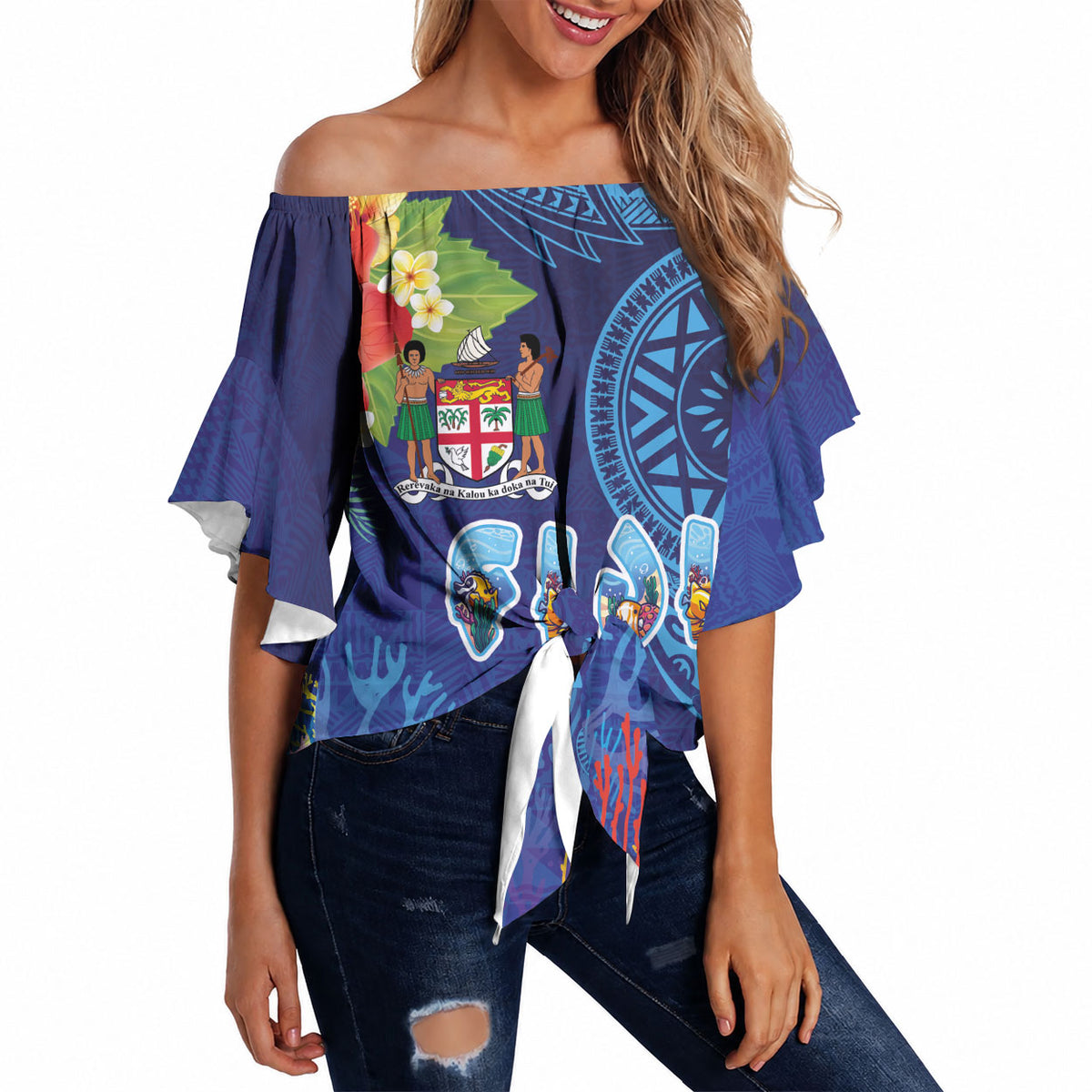 Fiji Day Off Shoulder Wrap Waist Top Coral Reef with Tapa Motifs and Hibiscus Ocean Vibe LT03 Blue - Polynesian Pride