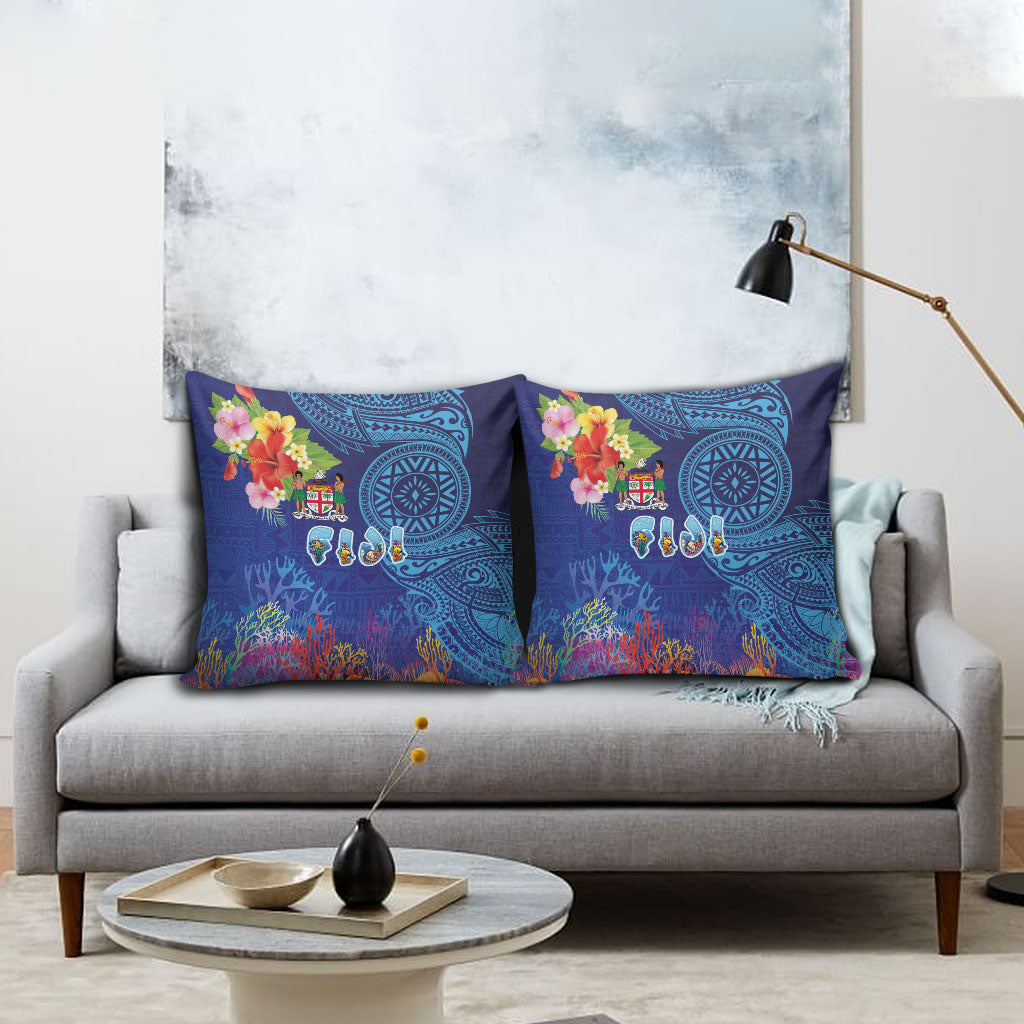 Fiji Day Pillow Cover Coral Reef with Tapa Motifs and Hibiscus Ocean Vibe LT03 - Polynesian Pride