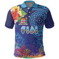 Fiji Day Polo Shirt Coral Reef with Tapa Motifs and Hibiscus Ocean Vibe LT03 Blue - Polynesian Pride
